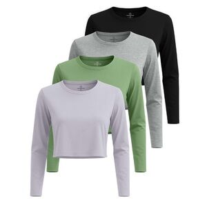 4 Pack: Women's Cotton Long Sleeve Crew Crop Top - Casual Cropped T-Shirt